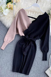 Robe pull élégante en tricot à col en V et ceintures, dos nu, manches longues